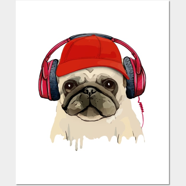 Pug, pug face and music headphones, pug lovers, gift for pug lovers Wall Art by Collagedream